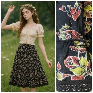 Indira Skirt-Floral Lace Trim Tiered Midi Boho Cottagecore Whimsy Size Medium